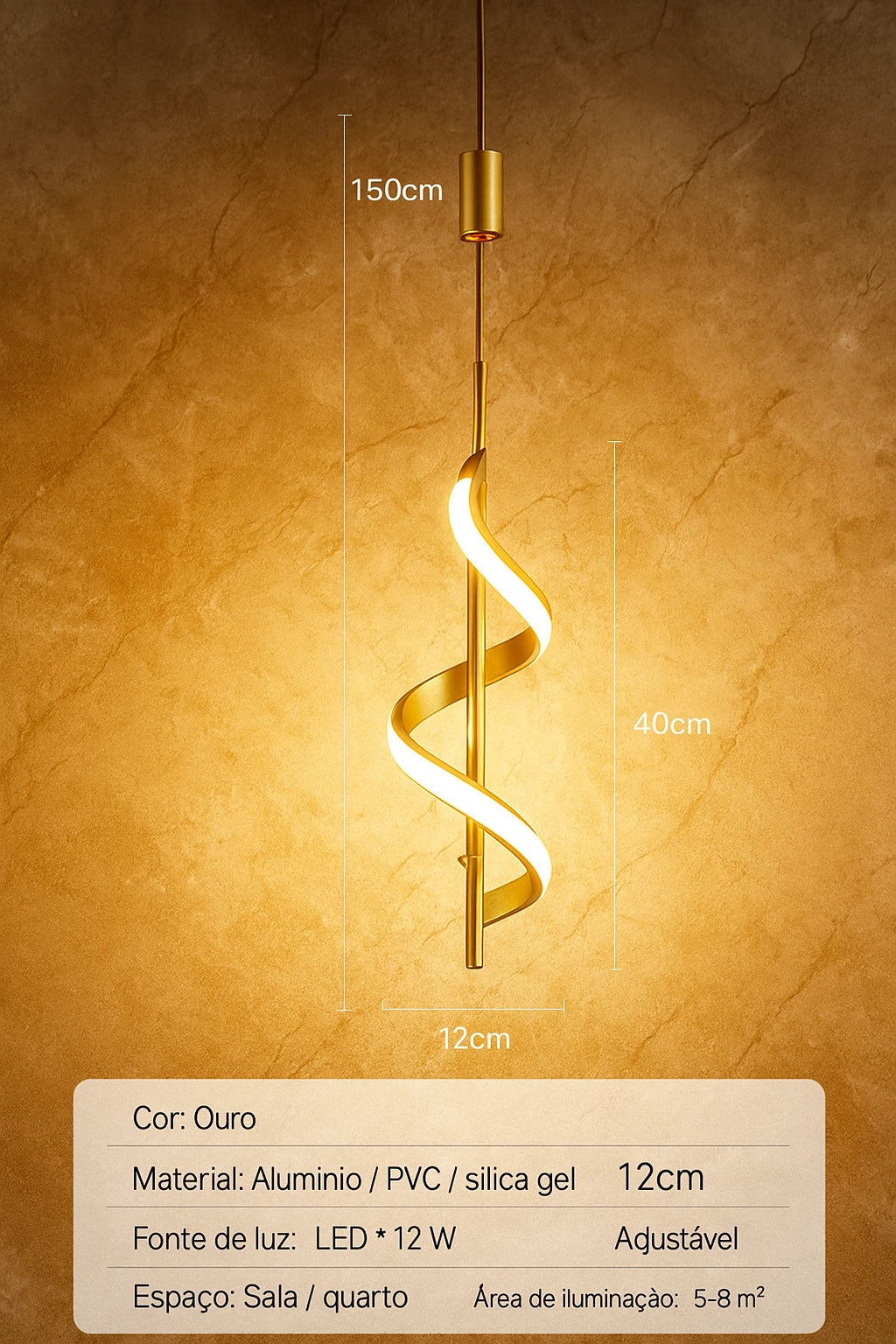 Lustre Espiral de Ouro Moderno – Design Minimalista Sofisticado / Iluminação 3 Cores