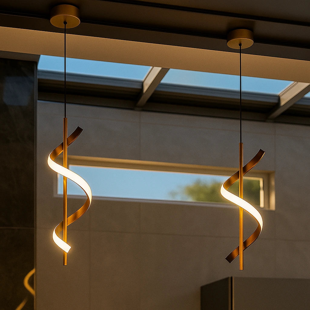 Lustre Espiral de Ouro Moderno – Design Minimalista Sofisticado / Iluminação 3 Cores