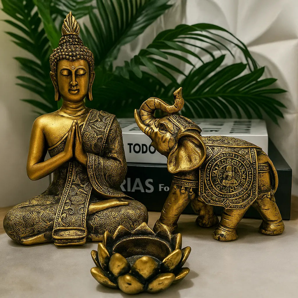 Trio Sagrado da Harmonia – Buda, Lótus e Elefante Indiano