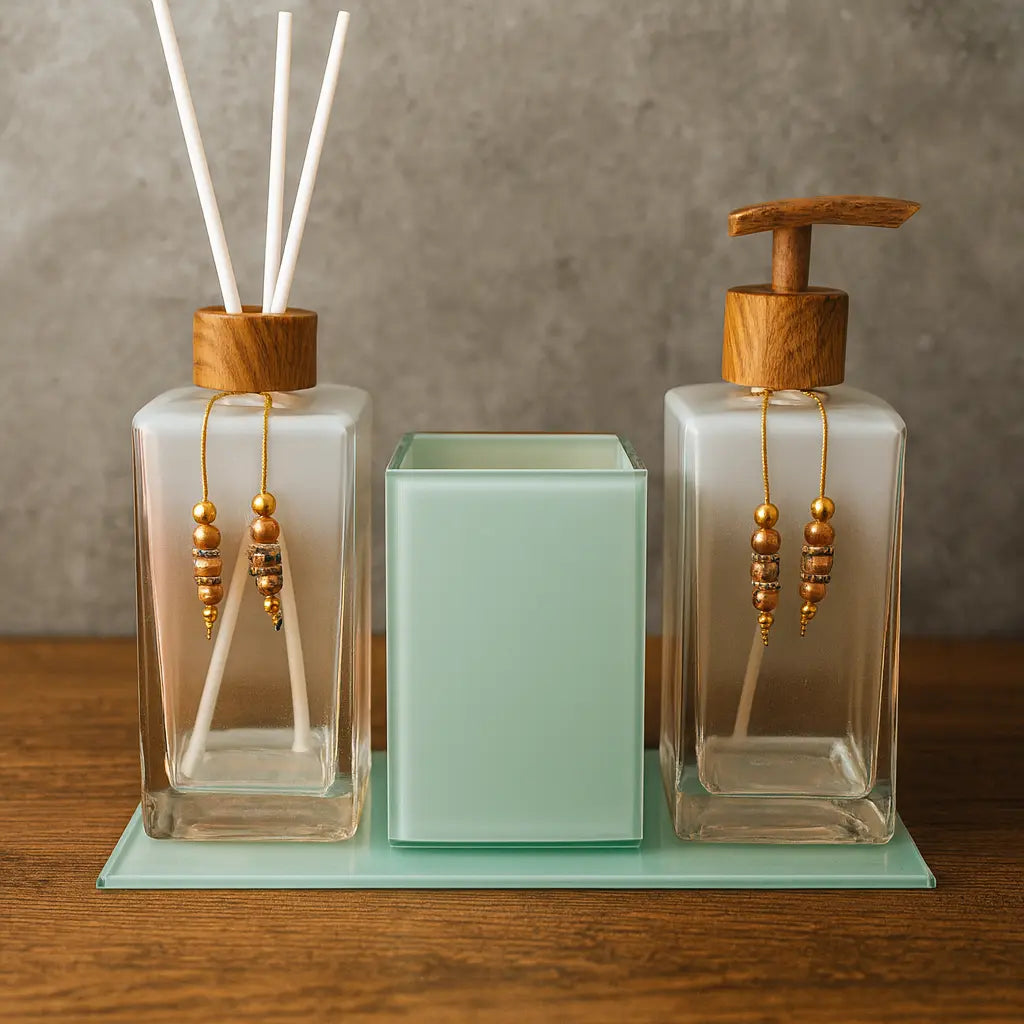 Conjunto Lavabo Decoração Luxo – Saboneteira, Aromatizador e Porta-Escovas com Bandeja Exclusiva