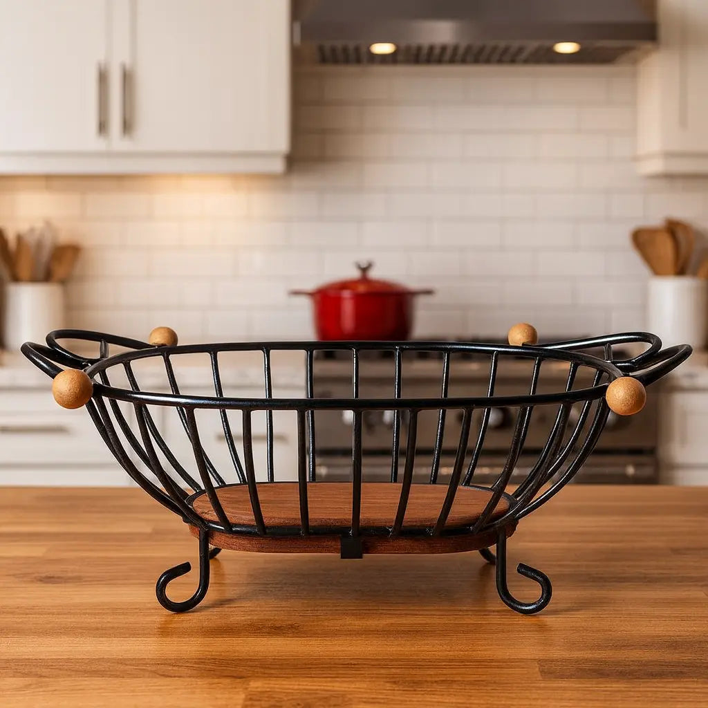 Fruteira de Mesa Oval em Ferro Forjado com Base de Madeira – Design Rústico e Elegante
