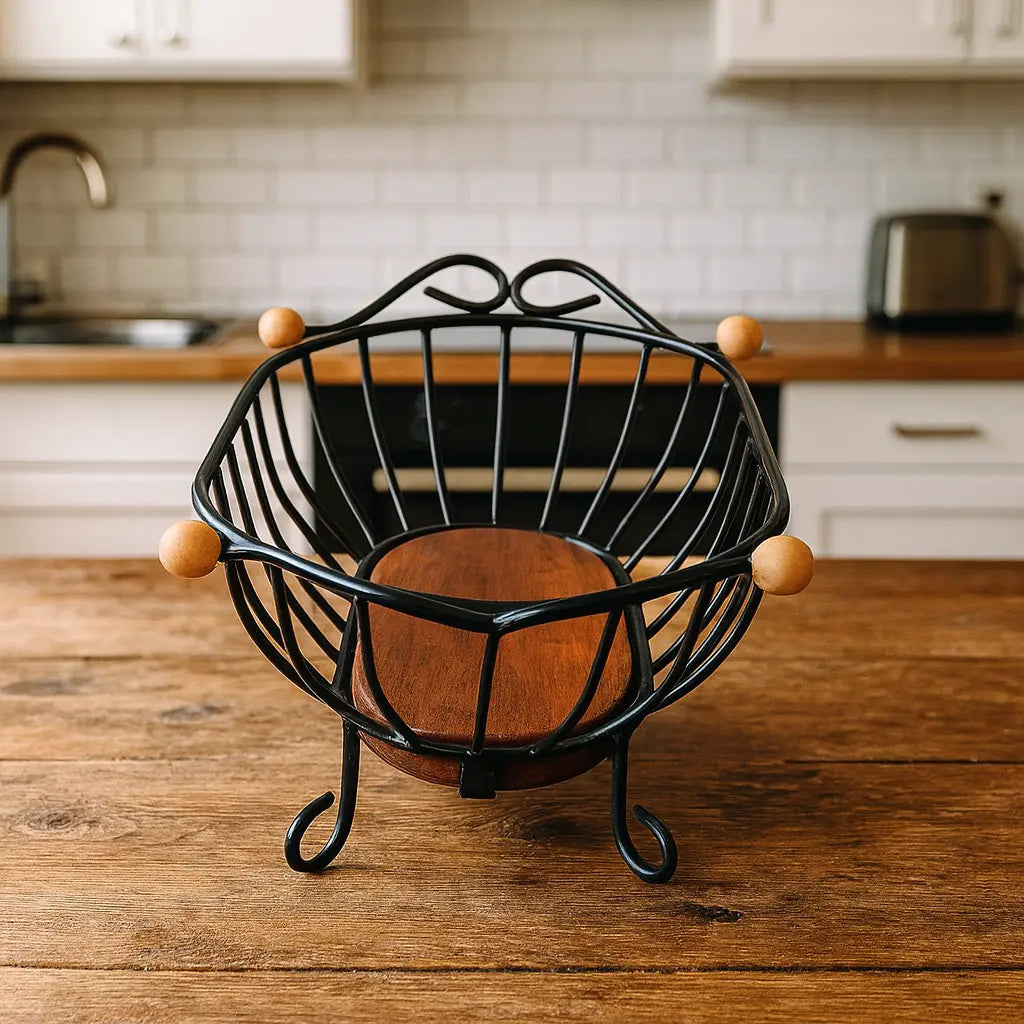 Fruteira de Mesa Oval em Ferro Forjado com Base de Madeira – Design Rústico e Elegante