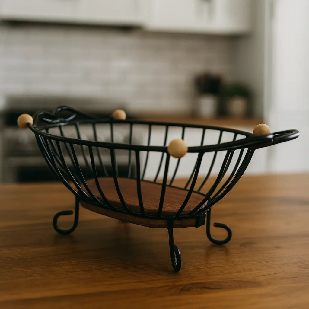 Fruteira de Mesa Oval em Ferro Forjado com Base de Madeira – Design Rústico e Elegante