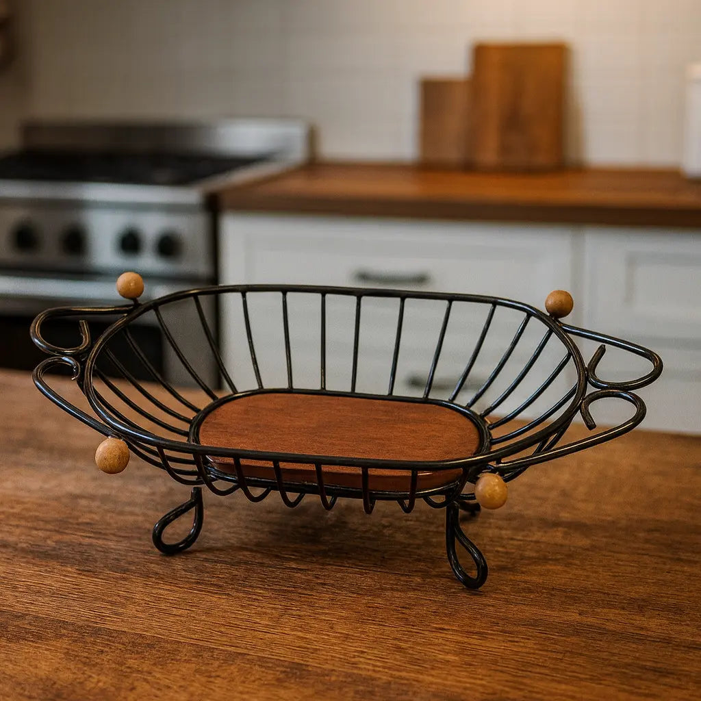 Fruteira de Mesa Oval em Ferro Forjado com Base de Madeira – Design Rústico e Elegante