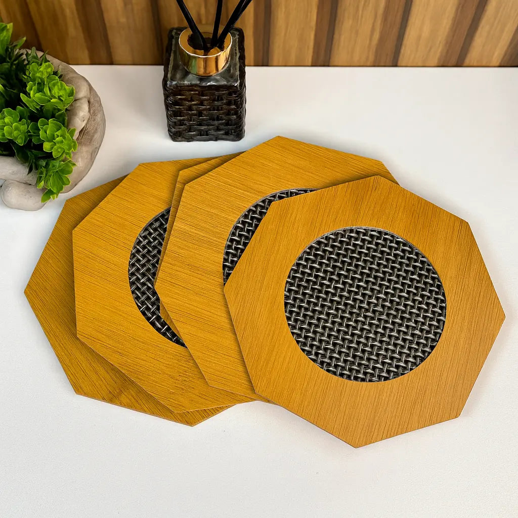 Kit 4 Sousplats Octogonais de Bambu com Detalhe em Fibra Sintética – Jogo Americano Rústico e Elegante