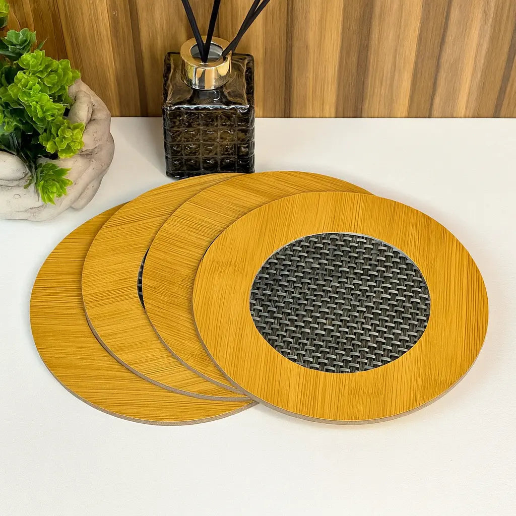 Kit 4 Sousplats Octogonais de Bambu com Detalhe em Fibra Sintética – Jogo Americano Rústico e Elegante