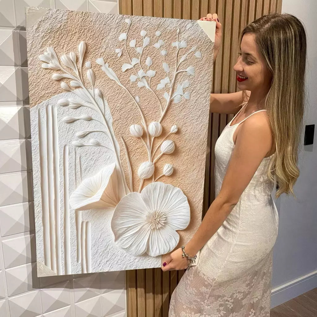 Quadro Abstrato Floral Branco – Grande Formato Vertical