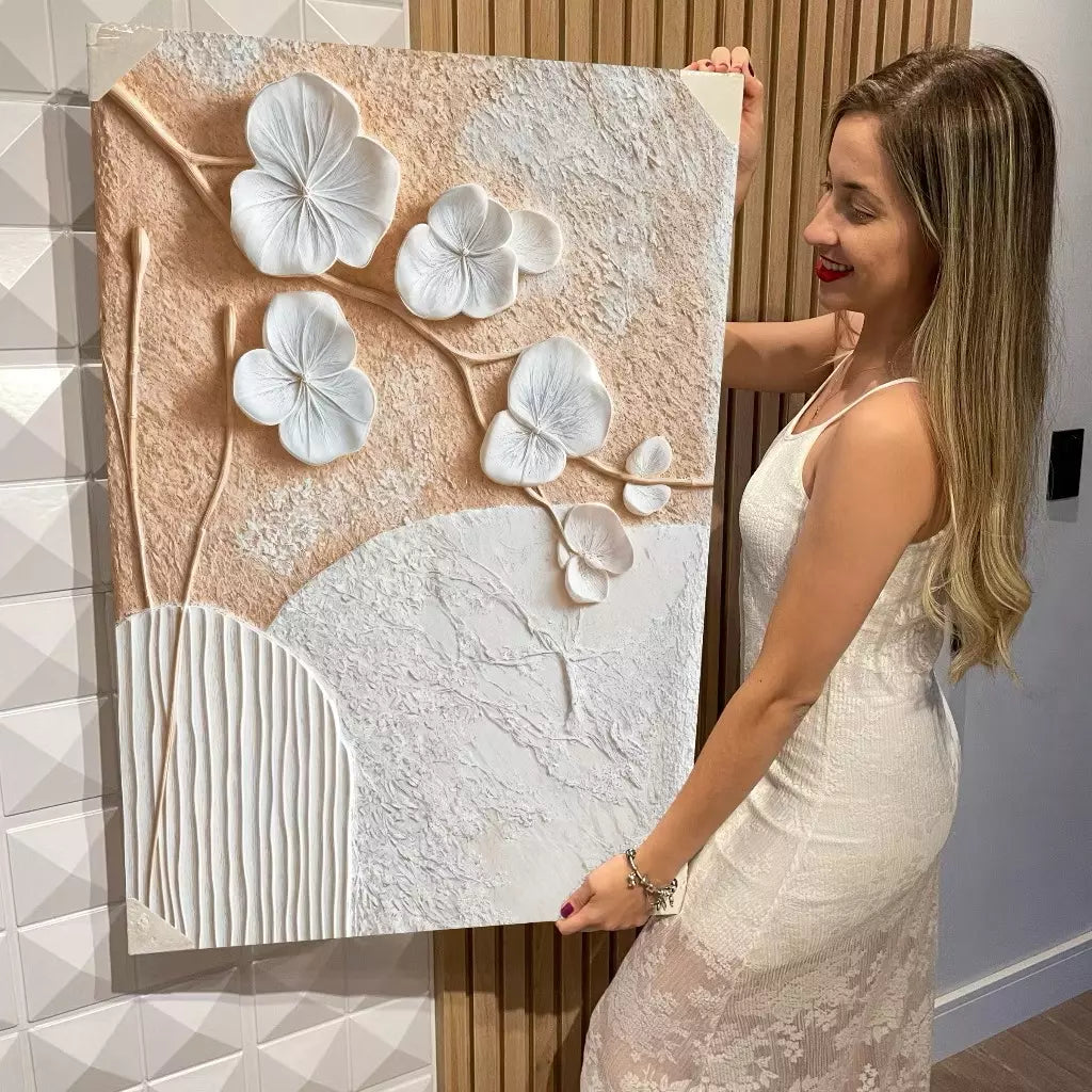 Quadro Abstrato Floral Branco – Grande Formato Vertical