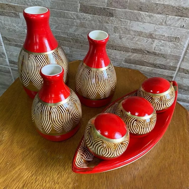 Kit Decorativo em Cerâmica Bojudinha – Trio de Vasos com Barca e 3 Esferas | Design Elegante para Sala e Centro de Mesa