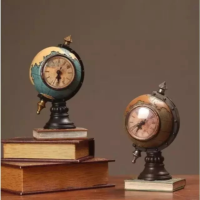 Relógio Globo Terrestre Retrô em Resina 24cm – Decoração Vintage para Escritório e Livraria