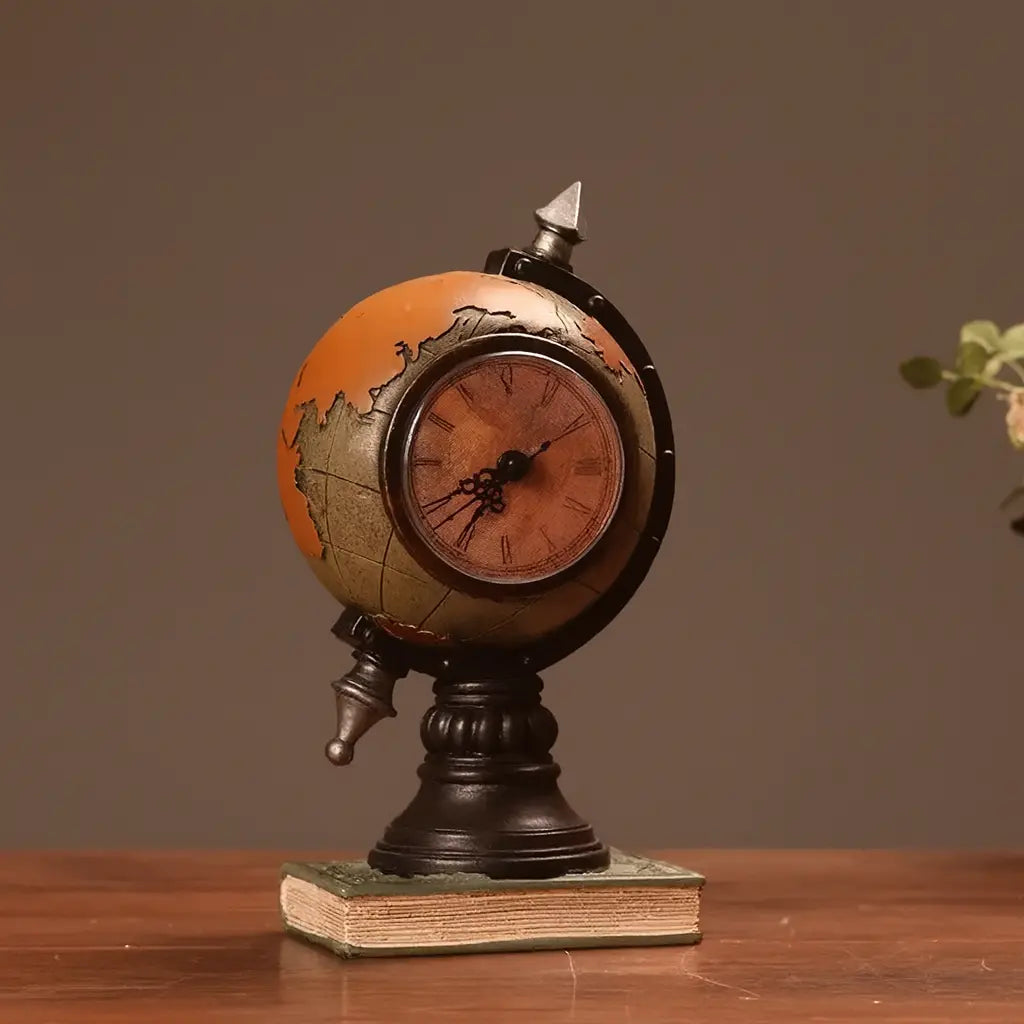 Relógio Globo Terrestre Retrô em Resina 24cm – Decoração Vintage para Escritório e Livraria