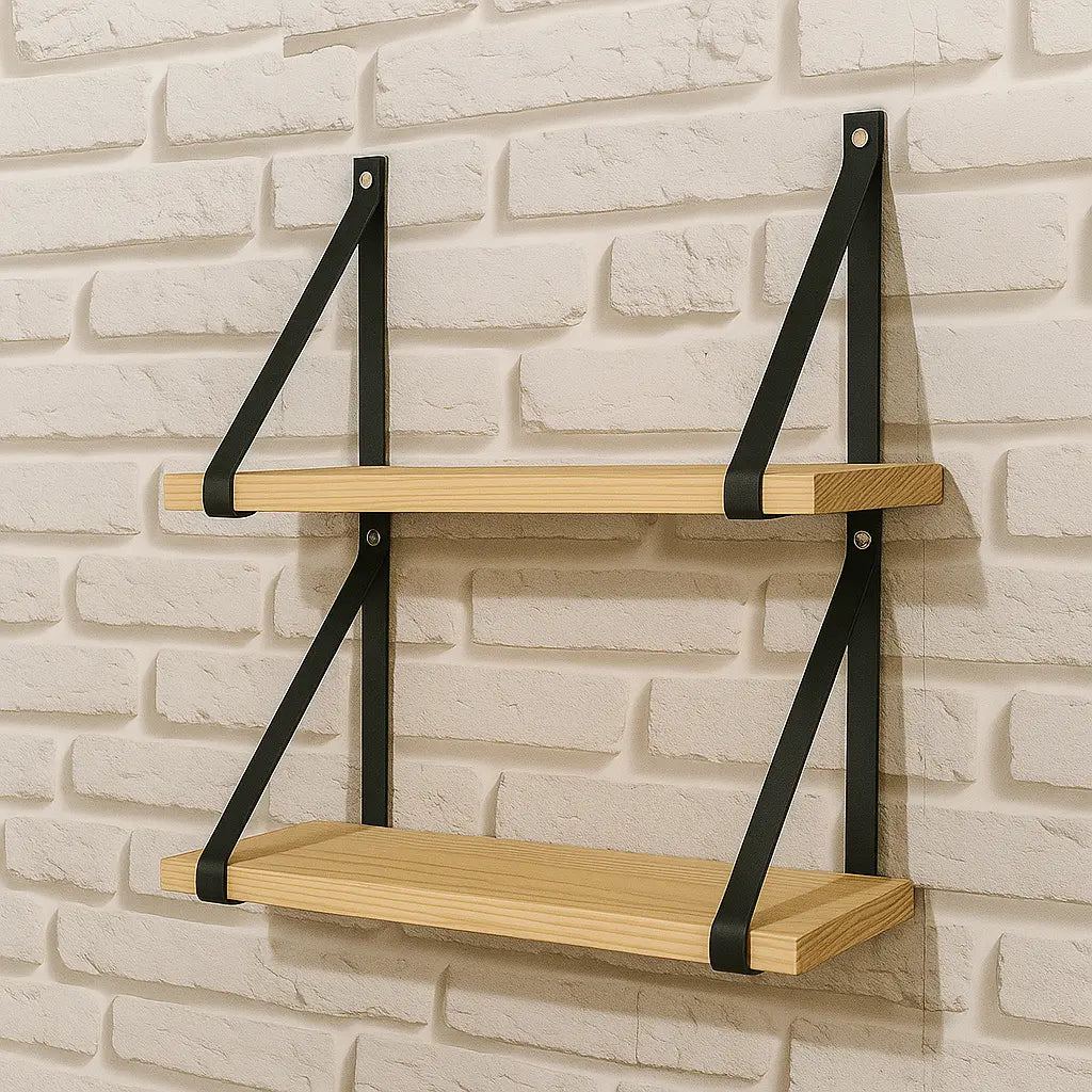 Kit 2 Prateleiras de Madeira com Alça em Couro – Minimalismo Moderno