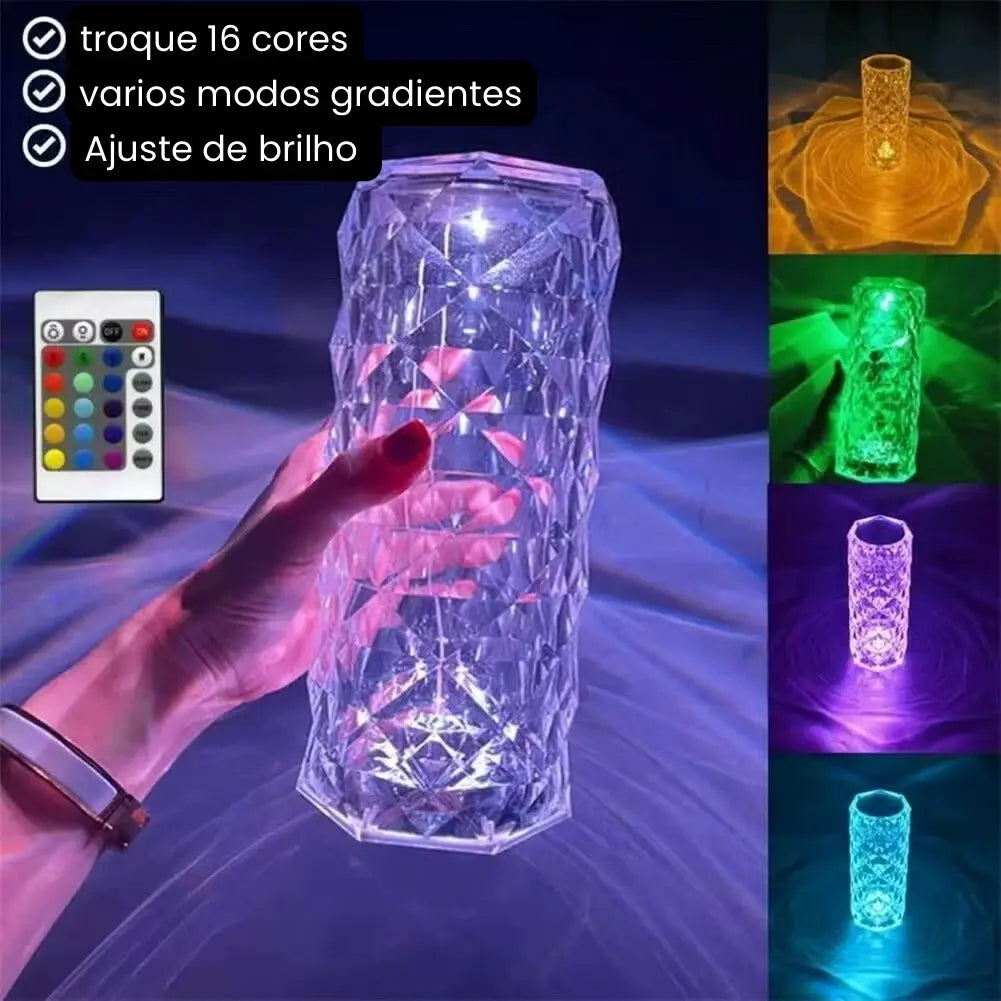 Luminária Cristal Touch LED 16 Cores – USB e Efeito Projetor