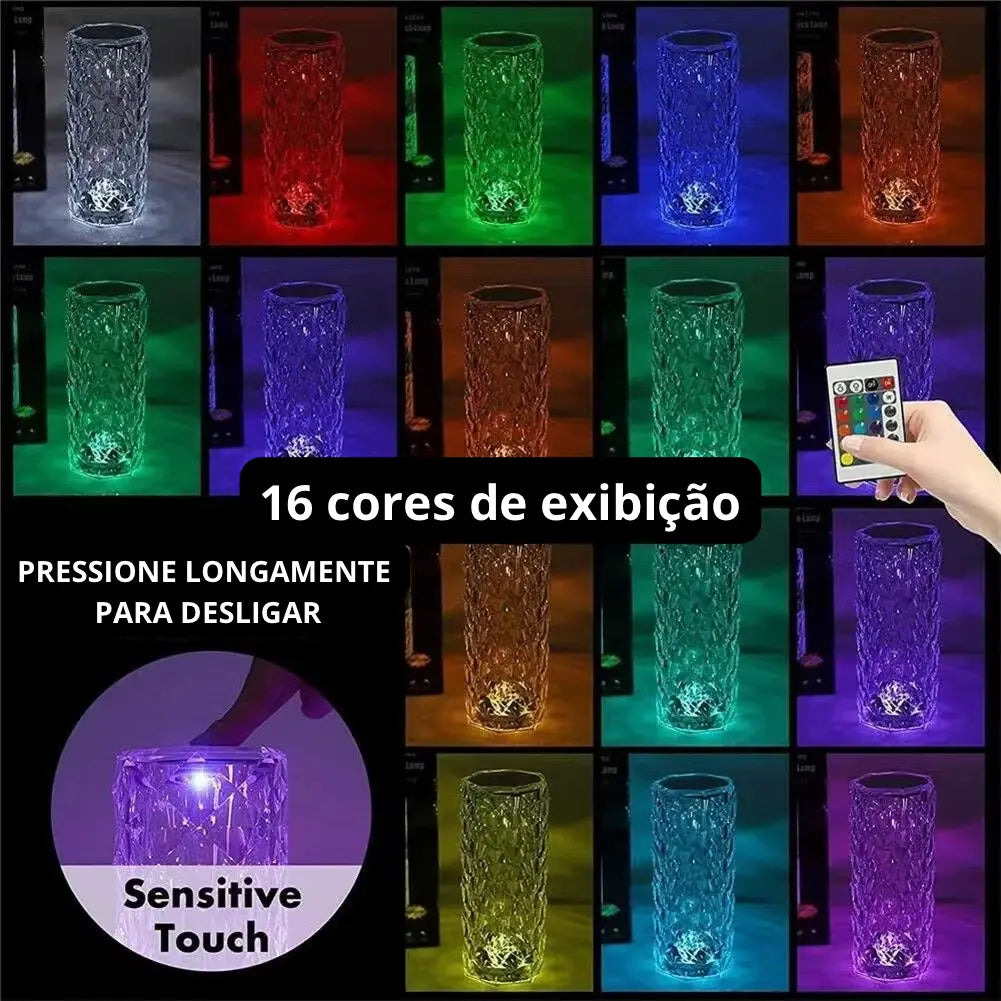 Luminária Cristal Touch LED 16 Cores – USB e Efeito Projetor