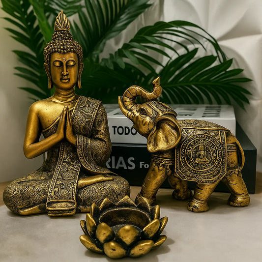 Trio Sagrado da Harmonia – Buda, Lótus e Elefante Indiano
