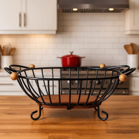 Fruteira de Mesa Oval em Ferro Forjado com Base de Madeira – Design Rústico e Elegante
