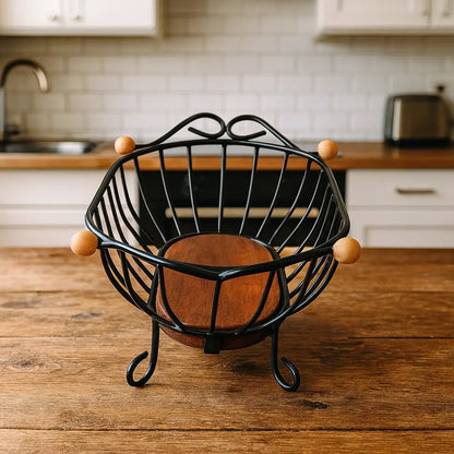 Fruteira de Mesa Oval em Ferro Forjado com Base de Madeira – Design Rústico e Elegante