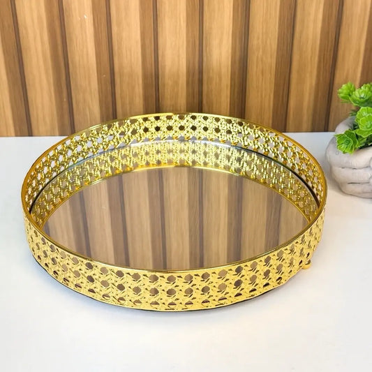 Bandeja Decorativa Retangular Luxo Dourada com Espelho – Elegância e Sofisticação