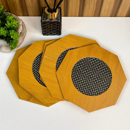Kit 4 Sousplats Octogonais de Bambu com Detalhe em Fibra Sintética – Jogo Americano Rústico e Elegante