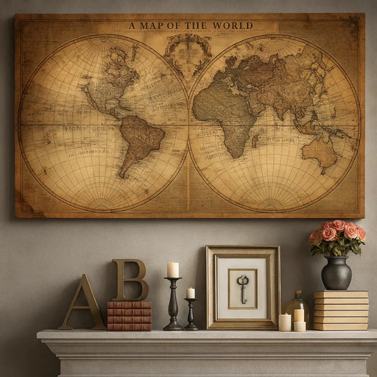 Mapa Mundi Antigo em Quadro Decorativo – Estilo Vintage Retrô 90x70