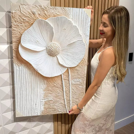 Quadro Abstrato Floral Branco – Grande Formato Vertical