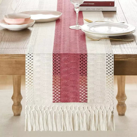 Caminho de Mesa Boho Rústico – Algodão Natural com Borlas para Mesa de Jantar e Eventos