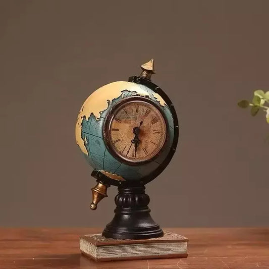 Relógio Globo Terrestre Retrô em Resina 24cm – Decoração Vintage para Escritório e Livraria