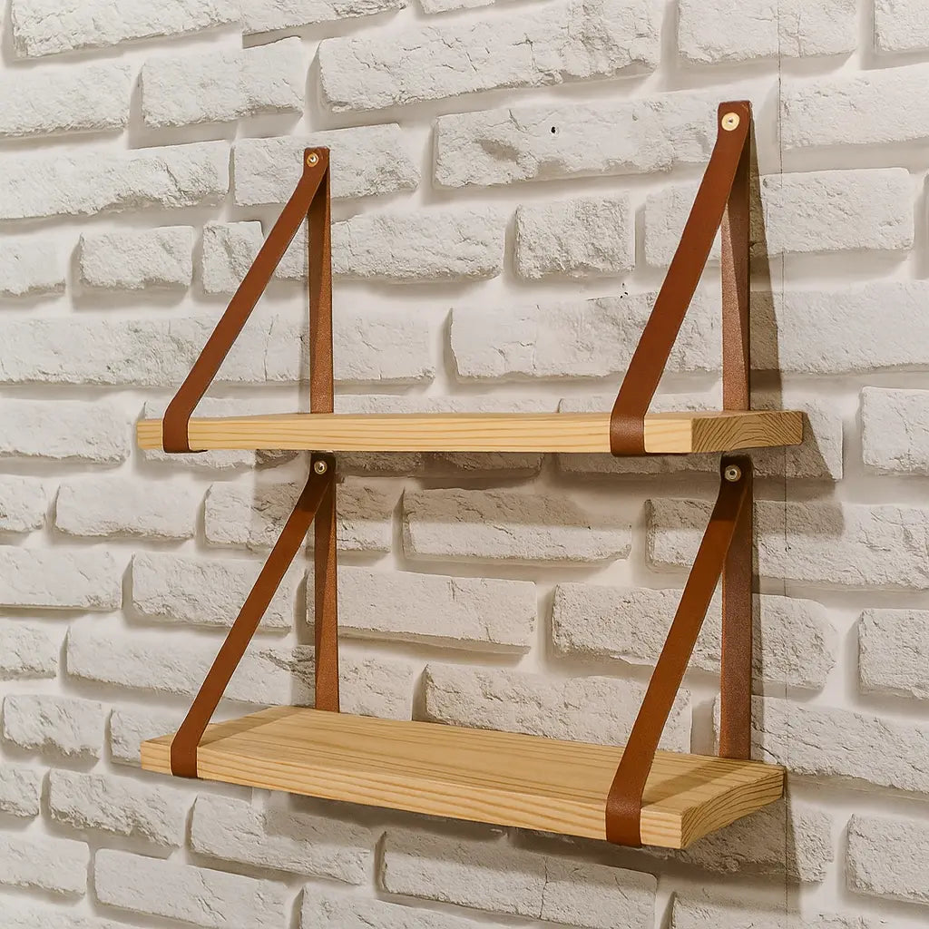Kit 2 Prateleiras de Madeira com Alça em Couro – Minimalismo Moderno