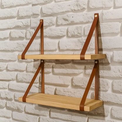 Kit 2 Prateleiras de Madeira com Alça em Couro – Minimalismo Moderno