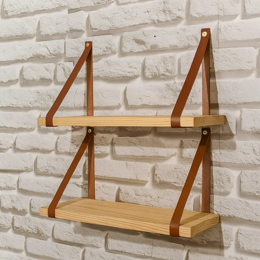Kit 2 Prateleiras de Madeira com Alça em Couro – Minimalismo Moderno