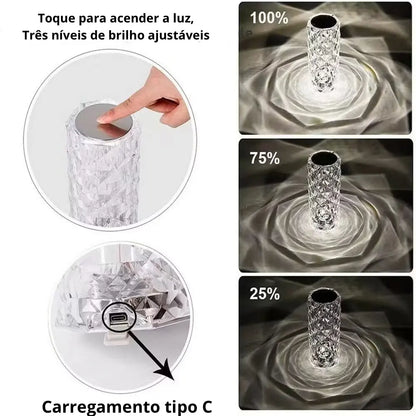 Luminária Cristal Touch LED 16 Cores – USB e Efeito Projetor